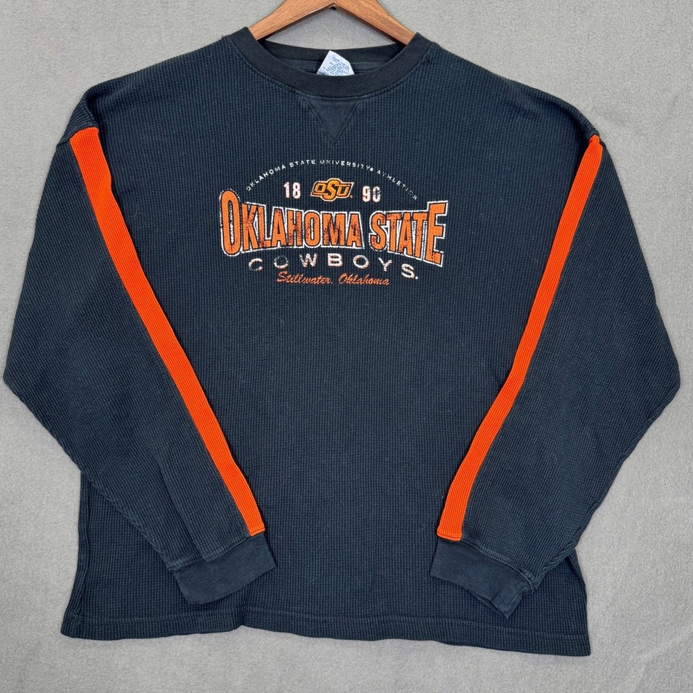 Vintage Y2K Oklahoma State Cowboys Thermal Mens XL Waffle Knit Black Orange NCAA